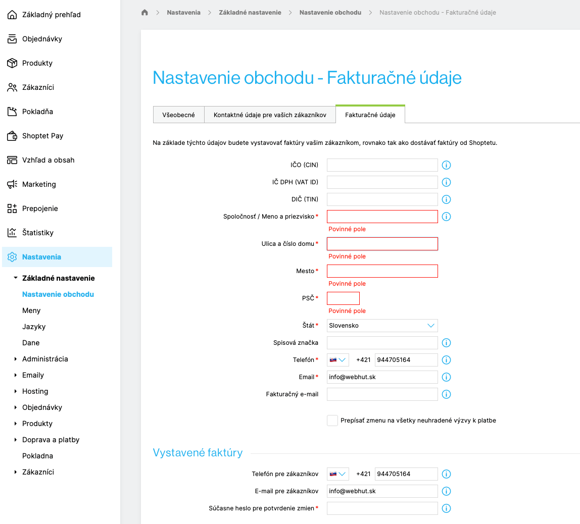Shoptet nastavenie fakturácie